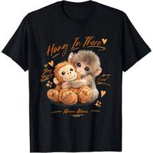 Camiseta 100% Algodón con Estampado de Mono Lindo "Hang In There", Negra, Manga Corta, Cuello Redondo, con Frase Inspiradora y Estampado de Abrazo de Bebé Mono, Prenda Casual de Estilo Urban - Negro - Ver 1
