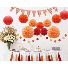 33pcs Party Decorations Supplies Set Paper Lanterns Tissue Pom Poms Flowers Tassels Hanging Garland Banner Triangle Flag Bunting for Birthday Baby Shower Wedding Graduation Events Orange Red - Naranja y rojo - Ver 6