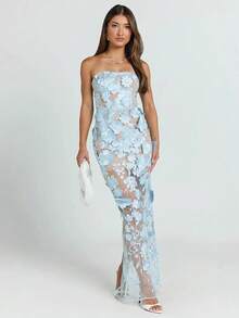 Women's Strapless Dress With Three-Dimensional Flowers, French Style, Luxurious, Lightweight, Elegant, Ideal For Parties, Ladies, Summer, Casual Fashion, New Collection - 藍色 - 查看 2