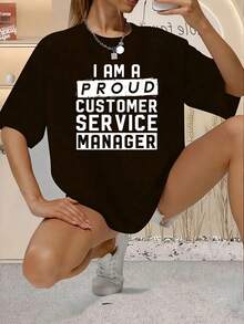 Customer Service 1 Piece Plus Size T-Shirt For Women, Oversized Graphic Short Sleeve T-Shirt 220g, Novelty, 100% Polyester, Casual Round Neck T-Shirt - 黑色 - 查看 1