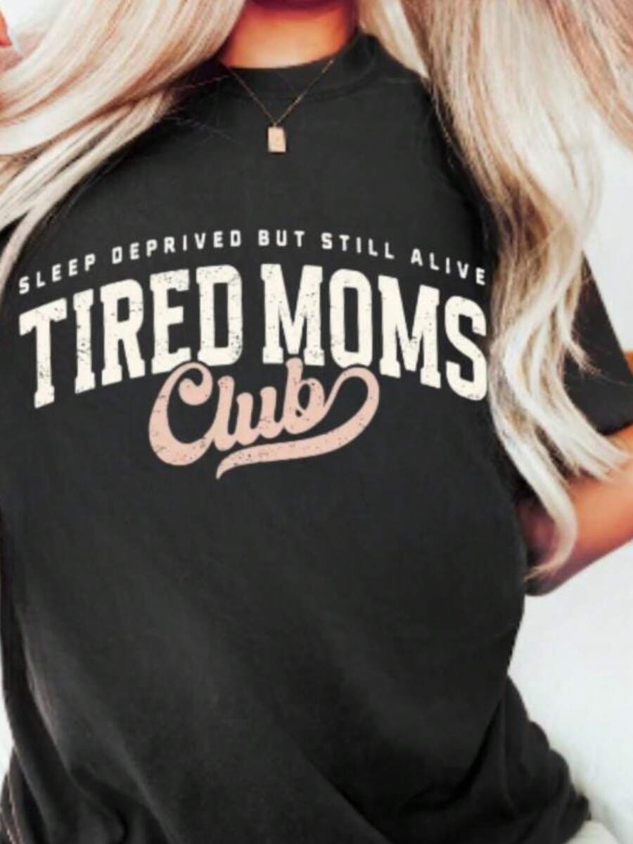 Crew Neck T-Shirts With Tired Moms Club Print, Oversized Short Sleeve Casual T-Shirts For Holiday Outfits, Plus Size Women's Clothing, Casual Wear - 黑色 - 查看 1