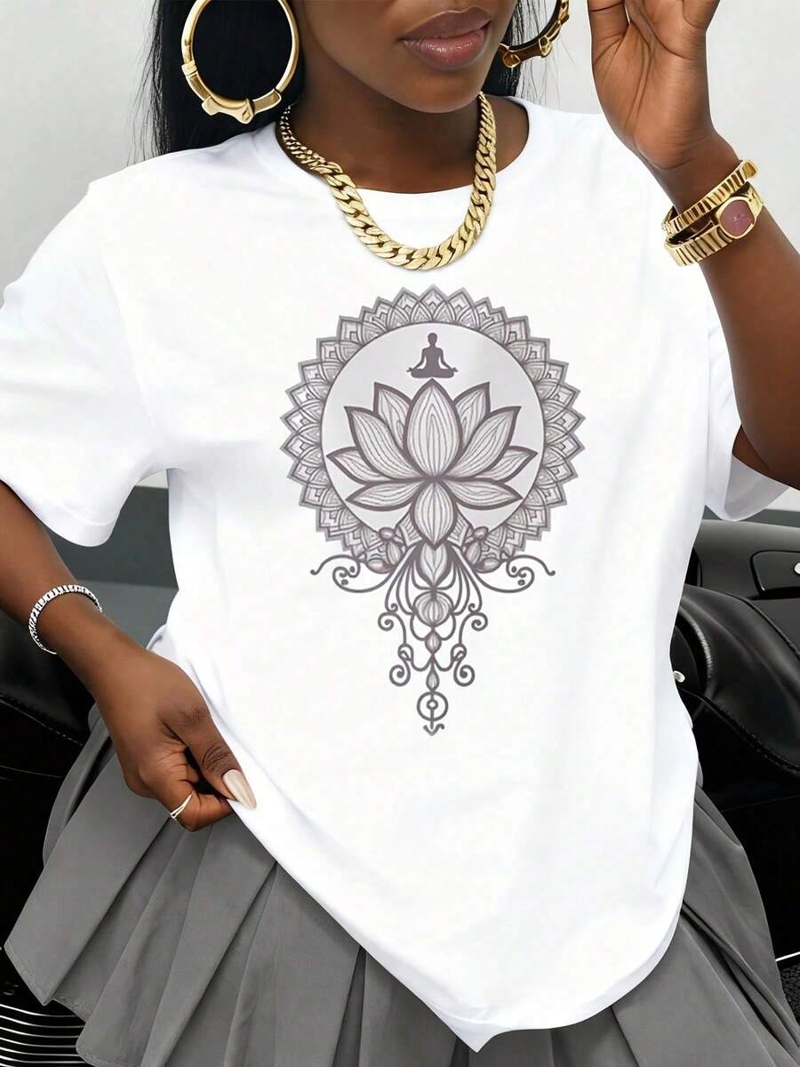 White T-Shirt With Lotus Mandala Design, Yoga And Meditation Graphic, Unisex, Loose Fit, For Women And Men, Casual Urban Fashion Clothing, Summer Outfit Option - 白色 - 查看 1