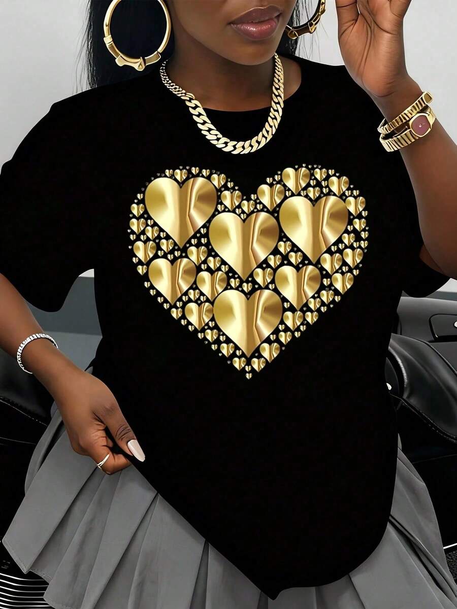 Women's White T-Shirt With Gold Heart Print, Fashionable Casual Graphic Tee, Valentine's Day Gift, Plus Size, Streetwear Style - 黑色 - 查看 1