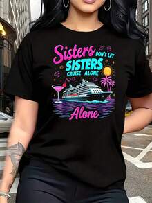 Hermanas, no dejen que las hermanas viajen solas. Camiseta de talla grande para mujer, 1 pieza, divertida, con estampado gráfico, de manga corta, novedosa, 100% algodón, informal, con cuello - Negro - Ver 1