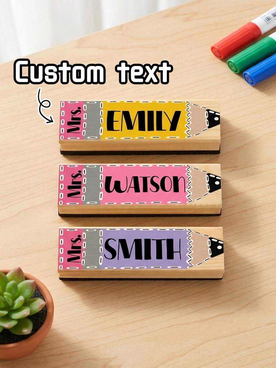 1pc Custom Teacher Name Large Size Chalkboard Eraser, Personalized Wooden Blackboard Eraser With Cute Pencil Design, Customizable Text (Mrs./Ms./Mr. + Name) In Multiple Colors, Ideal Classroom Gift For Teachers, Back To School Gift - Multicolor - View 1