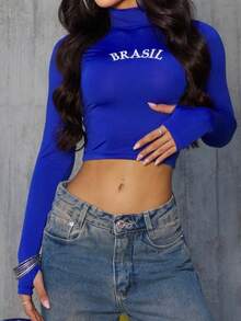 Women's Cropped High Neck Blouse Brazil World Cup Fan - Blue - View 3