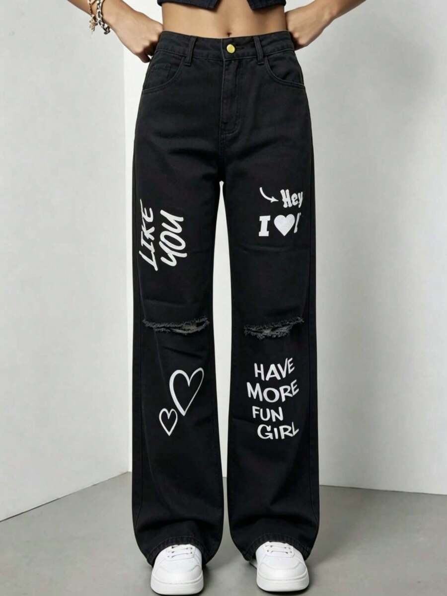 Women's Y2K Ripped Wide Leg Denim Jeans With Pockets And Button Detail, Casual Long Non-Stretch Black Denim Pants With Slogan Print - 黑色圖案 - 查看 1