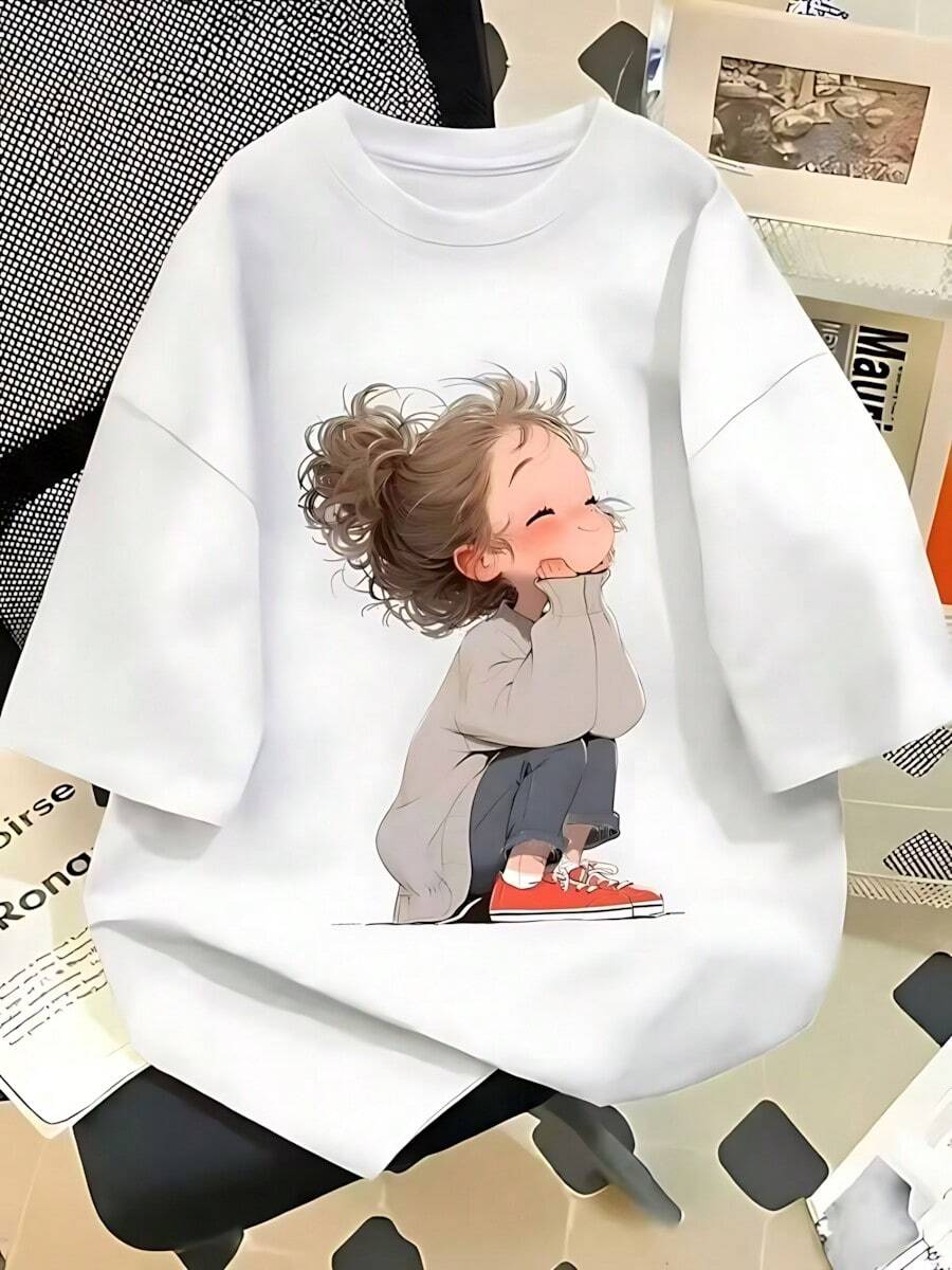 Camiseta de manga corta de algodón puro con cuello redondo para mujer, con diseño estampado por sublimación, estilo delicado y femenino, look dulce de mamá. - Blanco - Ver 1