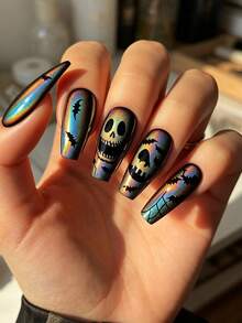 24pcs Halloween Mid-Length Glossy Black Bat Pattern Fashionable French Elegant Gradient Press-On Nails, Easy To Remove And Reusable, Multi-Color Nail Stickers For Travel, Party, Events And Holidays - Black - View 3