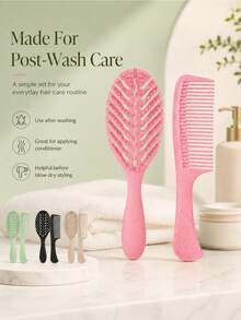 Detangling Comb Set, Wide-Tooth Comb Set, Pink Green Black Beige Purple Plastic Wet/Dry Styling Tools, Hollow Back Brush With Flexible Round-Tip Bristles, Smooth Teeth, Suitable For Curly Wavy Thick Hair, Post-Wash Hair Care, For Women Home And Travel Use - Multicolor - View 3