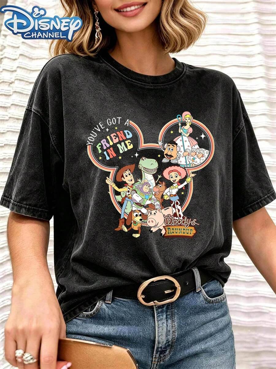 Toy Story Head Print Pattern Woody Buzz Character Cartoon Design Vintage Distressed Black T-Shirt Women's Casual Top - 黑色 - 查看 1