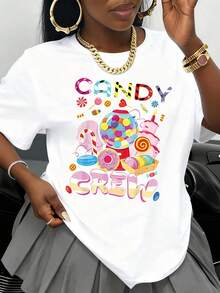 Candy Crew Graphic T-Shirt For Women, Fashionable, Cute, Candy Print, Oversized White T-Shirt, Summer Casual Wear, Party Outfit, Gift For Girls And Women - 白色 - 查看 1