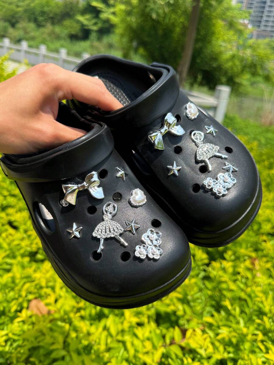 14件優雅銀色舞女、蝴蝶結、愛心、花朵、五角星鞋飾,DIY裝飾,多功能鞋夾配件,適用於女款涼鞋、拖鞋、沙灘包,適合假期和生日派對禮物 - 銀色 - 查看 1