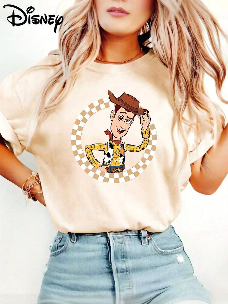 Disney Official Licensed Toy Story Woody Print T-Shirt For Women, Soft Fabric, Casual Top For Theme Park - 杏色 - 查看 1