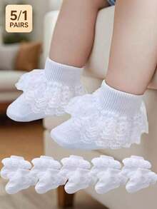 5/1 Pair Newborn Baby Girl White Lace Ruffle Socks Breathable Princess Style Pleated Socks Suitable For Newborns And Toddlers - Multicolor - View 2