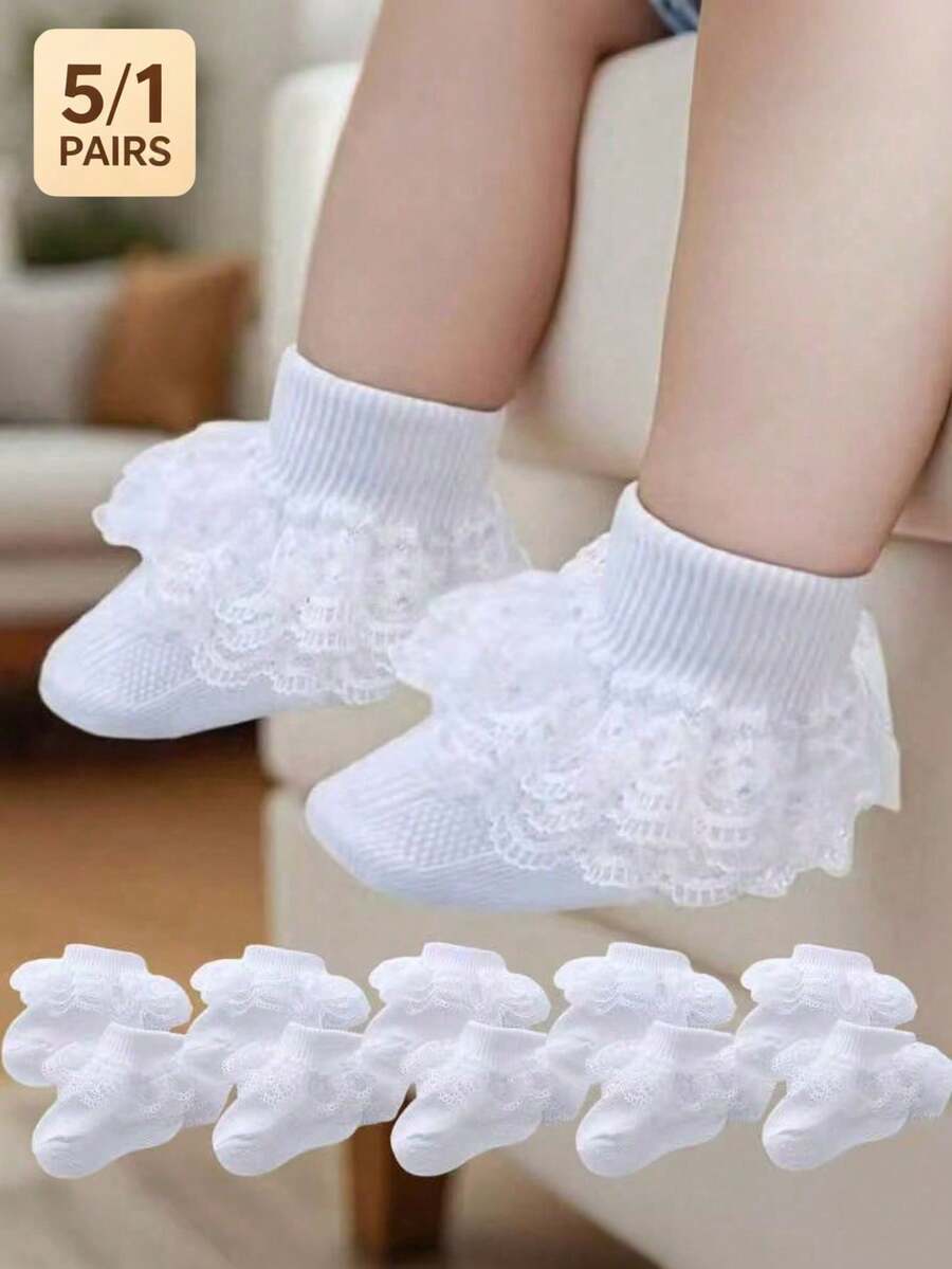 5/1 Pair Newborn Baby Girl White Lace Ruffle Socks Breathable Princess Style Pleated Socks Suitable For Newborns And Toddlers