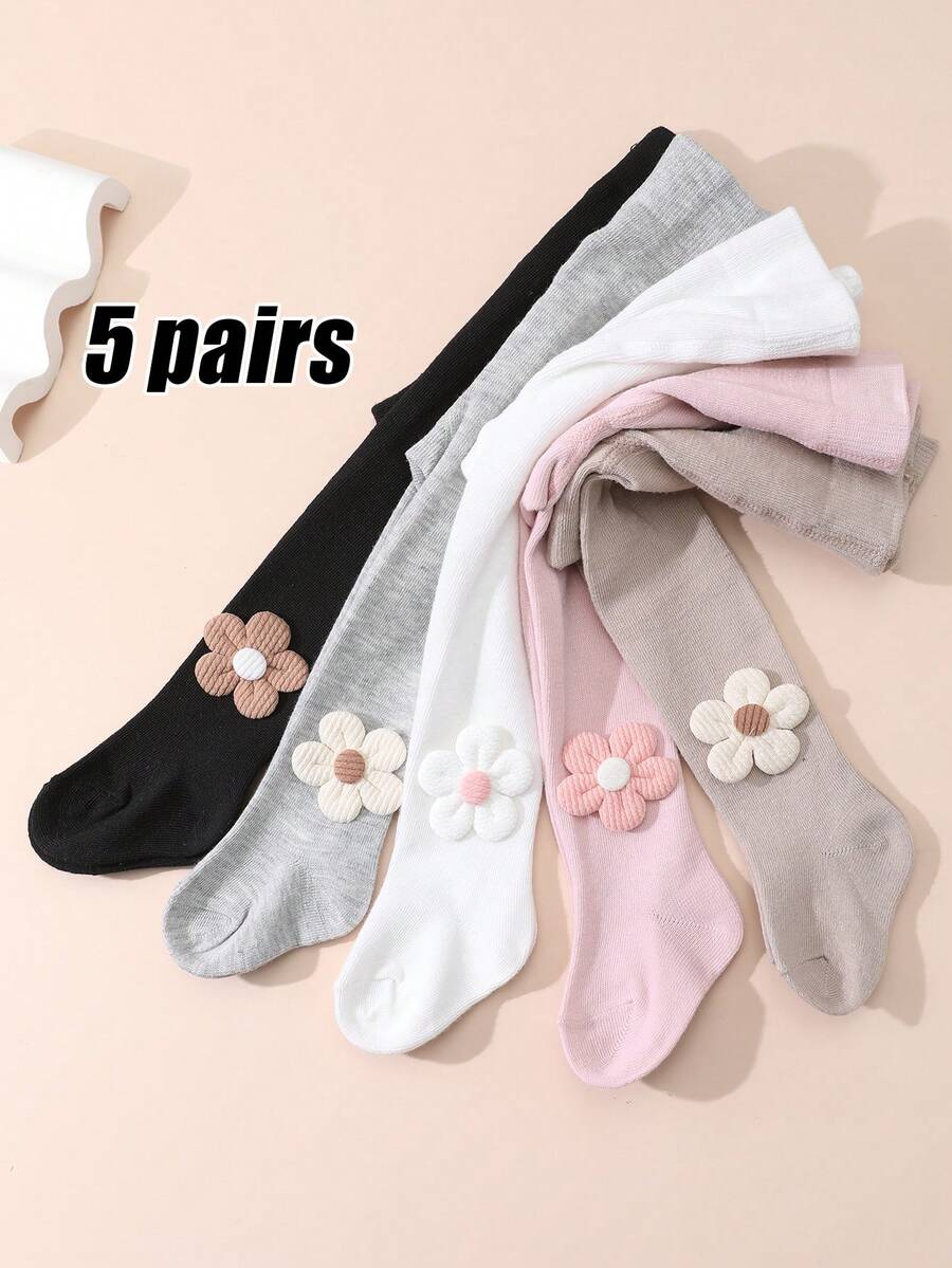 5 Pairs Floral Tights For Baby Girls, Versatile Spring/Autumn Style