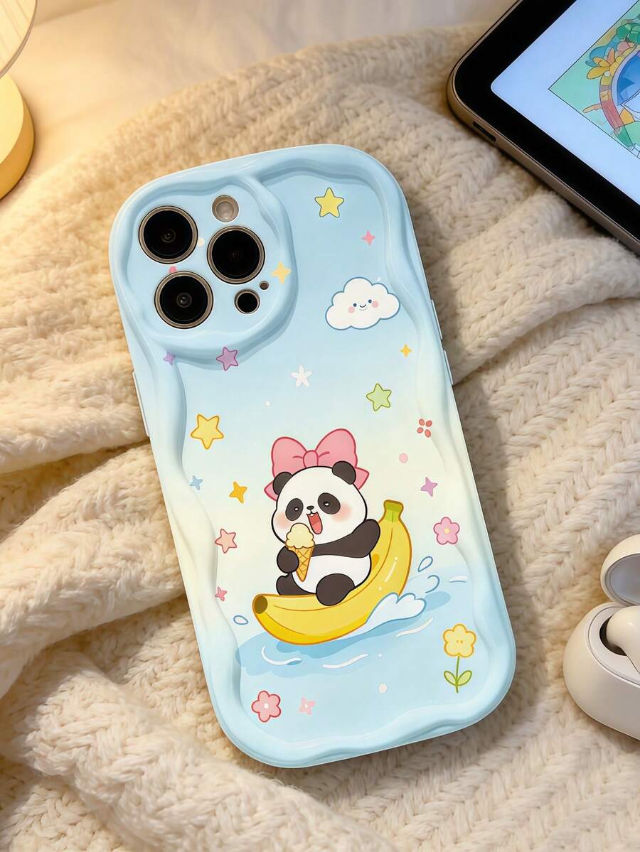 1 pieza Funda de teléfono con textura suave de TPU, diseño creativo y personalizado con patrón de estrella, nube y panda, onda de volantes color crema dopamina, compatible con Galaxy S21 S22 S23 S24 S25 S26//Honor// y otros modelos - Blanco - Ver 1