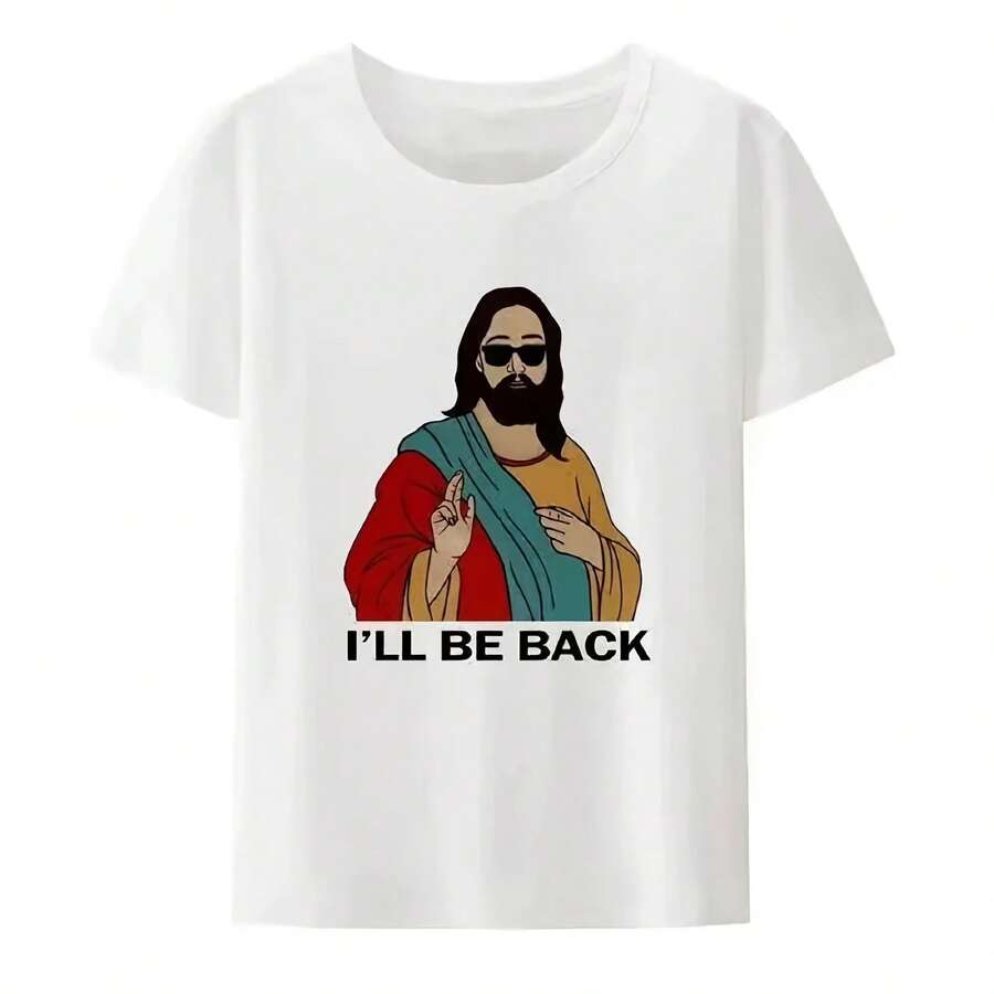 Women's Jesus Christian I'll Be Back Funny Print T-Shirt, Short Sleeve Crew Neck Streetwear, Aesthetic Women's Clothing - 彩色 - 查看 1