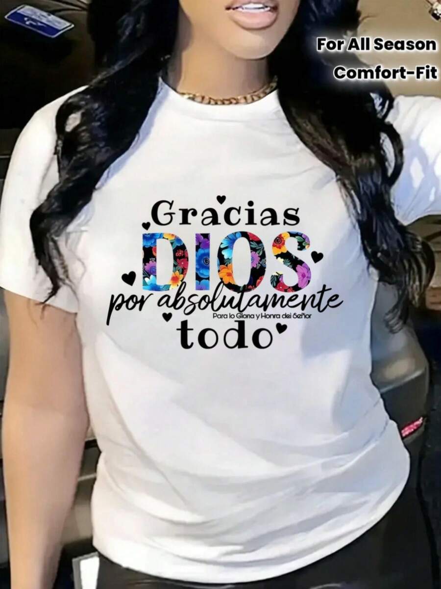 Talla Grande - Talla Grande - Camiseta Gráfica Colorida con Estampado "Gracias DIOS Por Absolutamente Todo" para Mujer, Elegante, de Manga Corta, Corte Ajustado, Casual, con Corazones Decora - negro - Ver 1