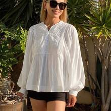 Blusa holgada con mangas de farol, bordada y de patchwork, de estilo casual para el verano y vacaciones - Amarillo - Ver 4