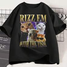 Women's Retro Funny Cat Design T-Shirt, Casual Shorts, Rizz Em Sleeve T-Shirt With The Tism, Printed Casual Clothing For Women - 彩色 - 查看 1