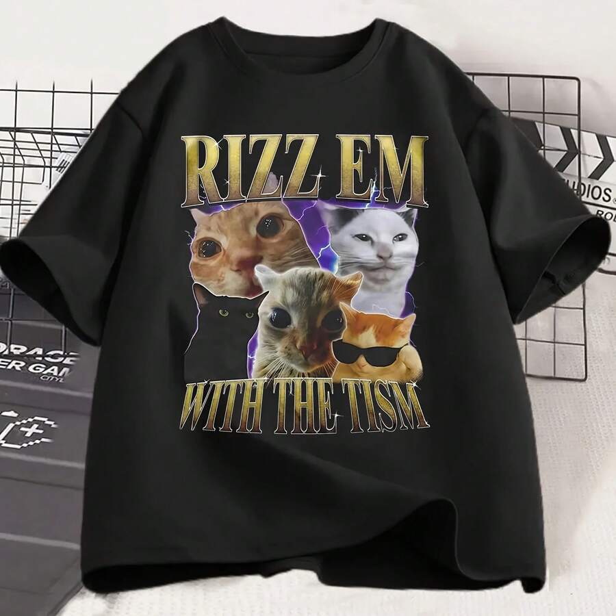 Women's Retro Funny Cat Design T-Shirt, Casual Shorts, Rizz Em Sleeve T-Shirt With The Tism, Printed Casual Clothing For Women - 彩色 - 查看 1