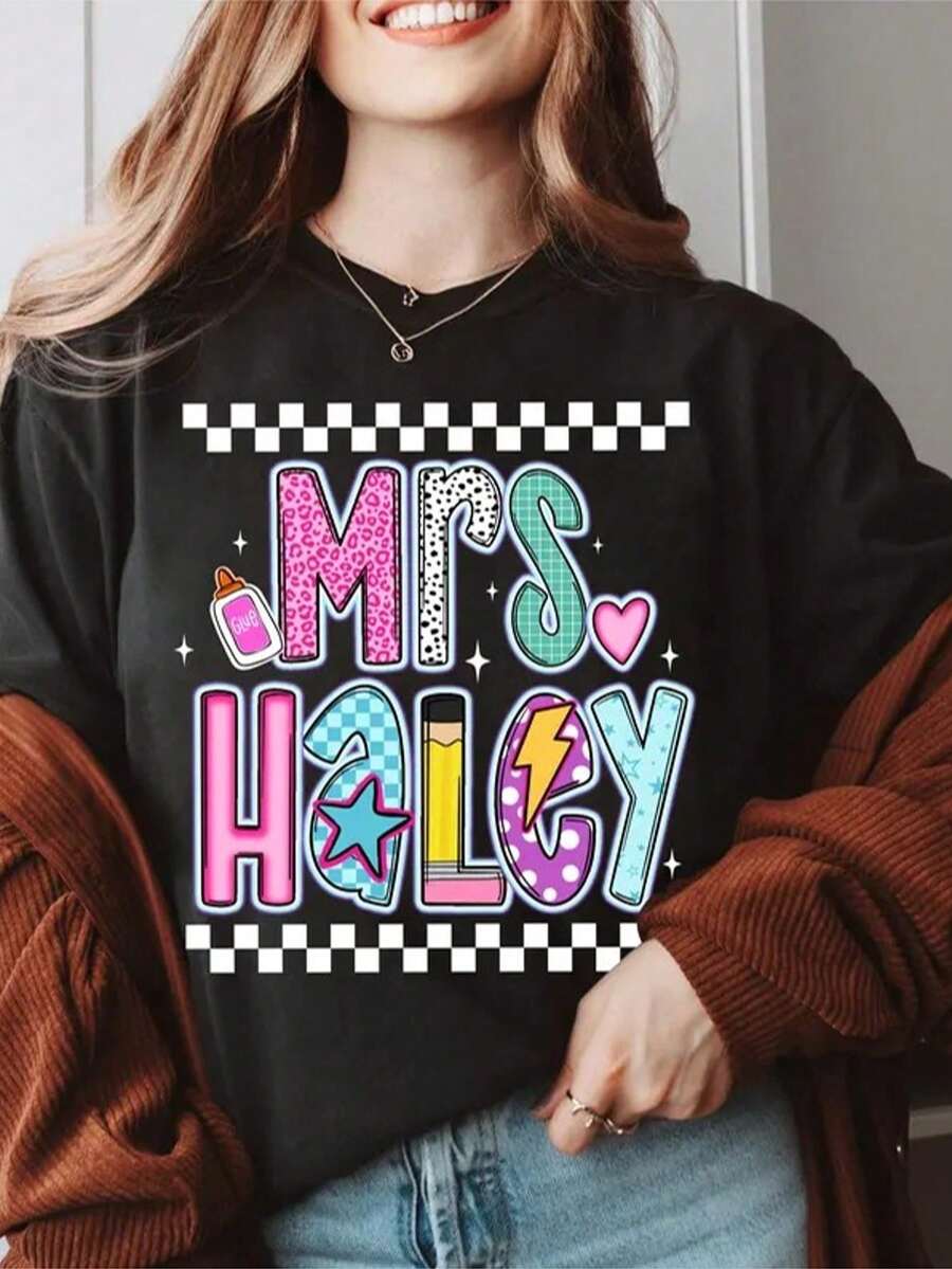 1 Teacher T-Shirt, Back To School T-Shirt, Personalized T-Shirts With The Teacher's Name, Preppy Style For The First Day Of School, T-Shirt For A New Teacher - 黑色 - 查看 1