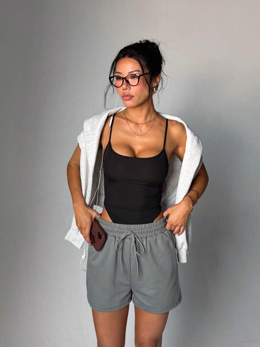 Solid Color Elastic Waist Tie Loose Fit Sports Shorts & Lounge Pants - Grey - View 1