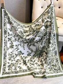 1pc Spring/Summer Pastoral Floral Print Faux Silk Square Scarf, Outerwear Decoration, Silk Scarf Shawl High-End Neck Scarf Tie Neck Square Scarf Small Square Scarf Headscarf Scarf For Women - Green - View 3