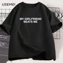 My Girlfriend Me T-Shirt For Men, Funny Short Sleeve Cotton Couple T-Shirt, Humorous Love T-Shirt, Men's Clothing, Loose Fit T-Shirts - 彩色 - 查看 1