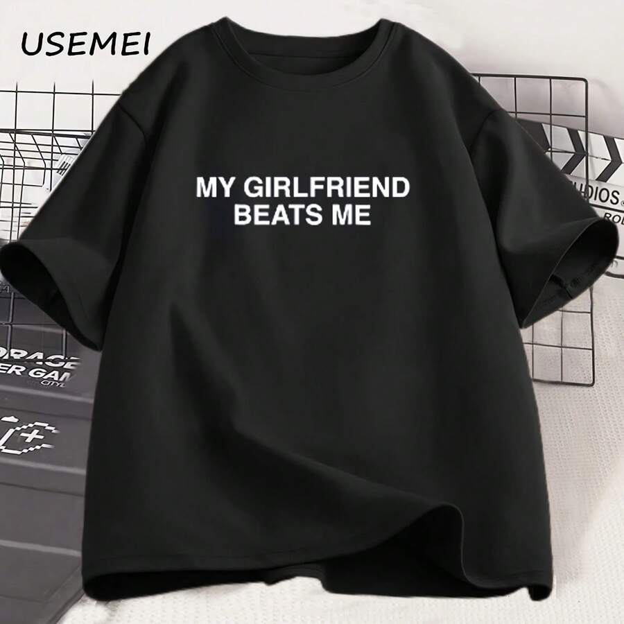 My Girlfriend Me T-Shirt For Men, Funny Short Sleeve Cotton Couple T-Shirt, Humorous Love T-Shirt, Men's Clothing, Loose Fit T-Shirts - 彩色 - 查看 1