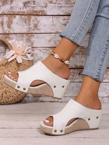Women's White Thick Soled Sandals With Wedge Heels, Summer Casual, Black And White Wedge Heels, Comfortable Summer Slippers, Outdoor Beach Slippers - 101白色 - 查看 5