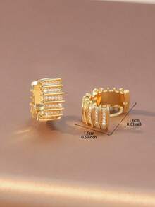 1 par de pendientes de aro dorados con strass multicapa, pendientes versátiles de lujo ligero para uso diario, diseño lineal 3D con clip, fáciles de quitar - Lineal - Ver 8