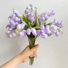 5件裝鈴蘭人造花束，12.99吋仿真絲綢鈴蘭花附莖，冬季花藝布置婚禮新娘花束廚房花束桌上中心裝飾 - 紫色 - 查看 7