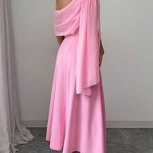 Vestido largo de gasa vaporoso, con escote asimétrico y bajo asimétrico, de estilo elegante y versátil para uso diario, color rosa, para mujeres, primavera/verano - Negro1 - Ver 3