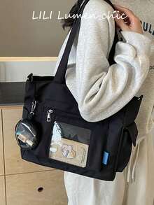 Sac fourre-tout minimaliste avec petite pochette ronde amovible, sac bandoulière en tissu souple grande capacité, convient pour les trajets quotidiens, les activités extérieures et les voyages - Noir - Voir 9