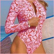 Swim SPRTY Traje de baño de mujer con estampado floral y manga larga tipo rash guard para vacaciones - Azul - Ver 3