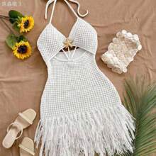 yonghongmaoyi1 Vestido mini de mujer  con tirantes finos, escote en V, calado, estrella de mar de metal tejida, flecos, para vacaciones, playa, cita, boda, fiesta, crucero, - Beis - Ver 1