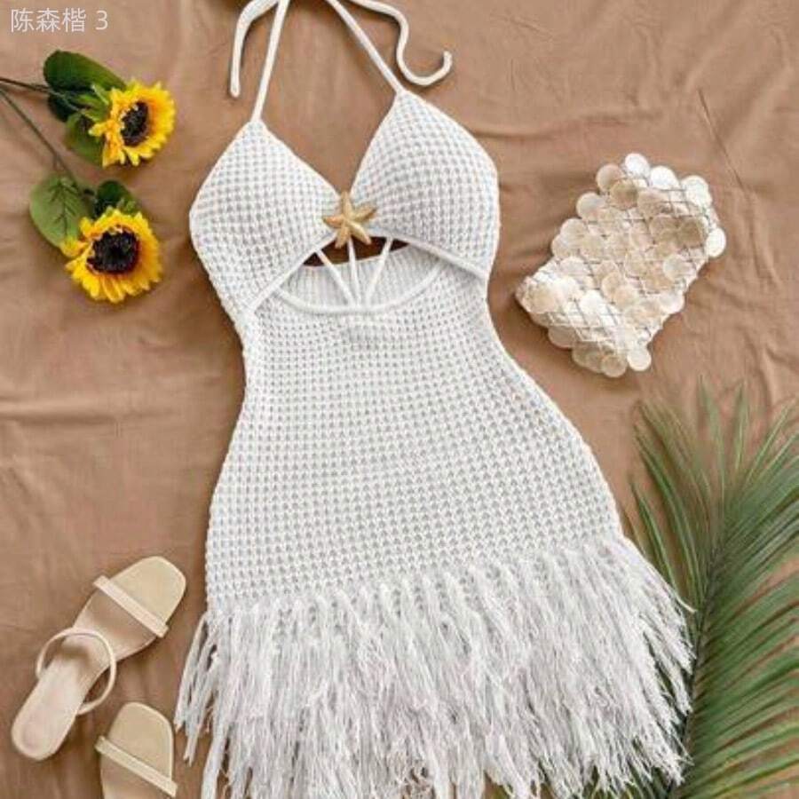 yonghongmaoyi1 Vestido mini de mujer con tirantes finos, escote en V, calado, estrella de mar de metal tejida, flecos, para vacaciones, playa, cita, boda, fiesta, crucero, - Beis - Ver 1
