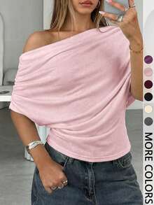 Women's Off-Shoulder Dolman Sleeve Top, Asymmetric Neck Ruched Side Casual T-Shirt For Streetwear & Daily Wear - Black - View 11