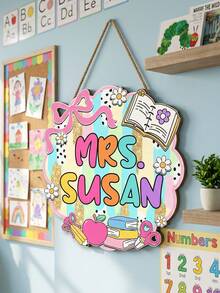 1pc Personalized Teacher Classroom Door Sign, Custom Text,Personalized Apple/Puzzle Design Wooden Door Hanger,Wooden Hanging Plaque, Back To School Welcome Sign Decor, Perfect Teacher Appreciation Gift - Multicolor - View 12