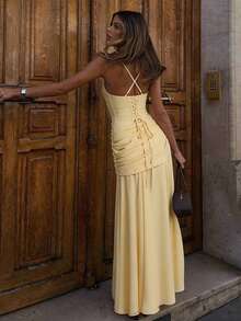 Elegant Sleeveless Long Party Dress For Women, Solid Color, European Style, New Fashion Wrap Dress - 黃色 - 查看 7