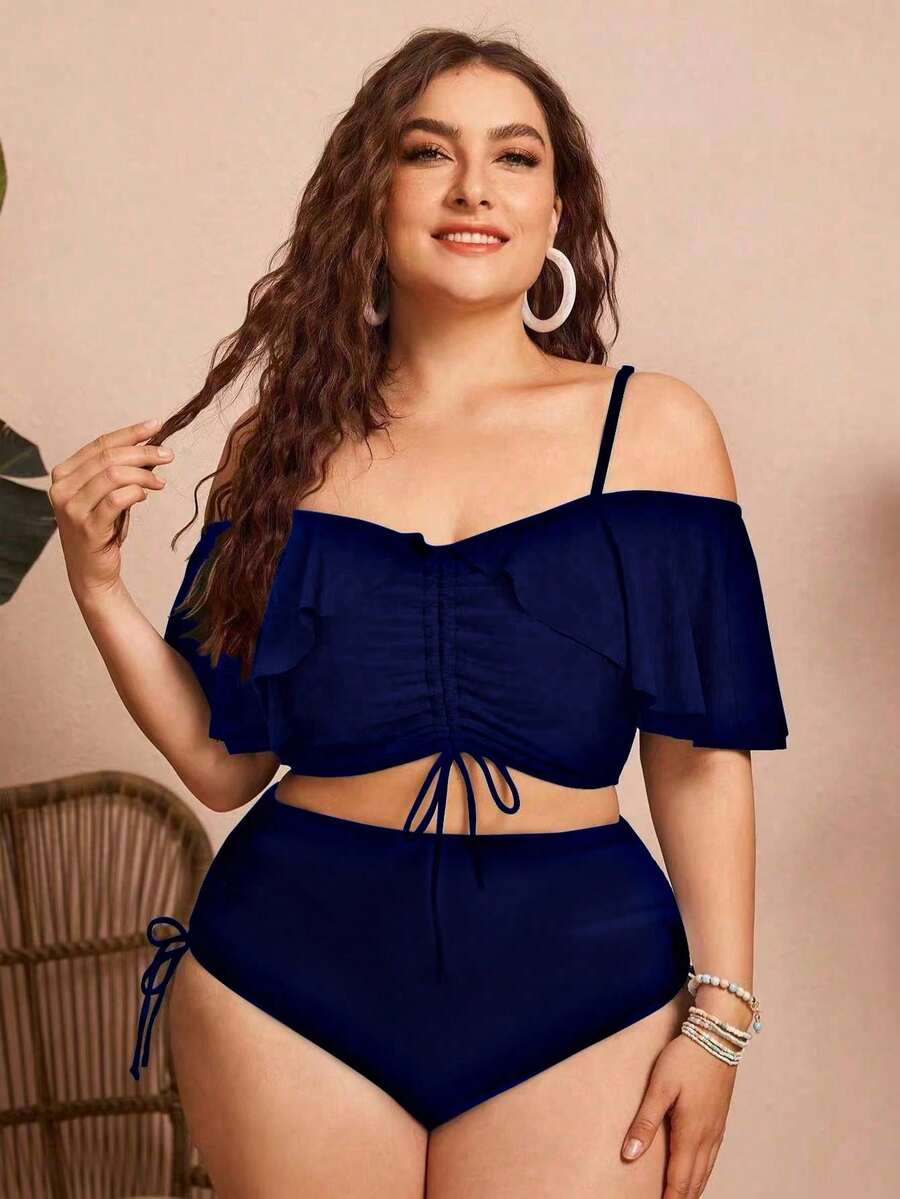 Swim Chiccia Women's Solid Color Spaghetti Strap Off-Shoulder 2-Piece Bikini Set With Ruffles And Drawstring - Elegant And Stylish For Vacation - 藍色2 - 查看 1