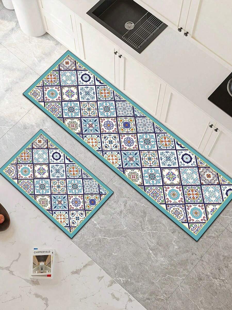 1pc Of A Blue Floral Tile Pattern Rubber Soft Mat For Kitchen Floors, A Water-Absorbing Mat That Is Easy To Clean And Suitable For Use In Kitchens, Bathrooms, And Other Areas. It Is Suitable For Use Throughout The Year And For Various Holidays. - Multicolor - View 1