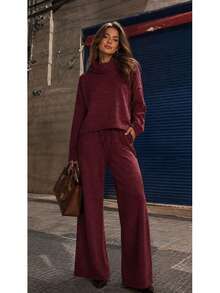 Women's Set In Elegant And Comfortable Ribbed Knit Fabric, Winter Fashion, Chic Blogger Style - Color caoba - Ver 8