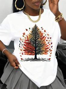 Camiseta Blanca con Diseño de Árbol de Otoño para Mujer, Camiseta Gráfica de Moda, Estampado de Temporada de Otoño, Corte Holgado, Estilo Casual, Patrón de Hojas de Otoño, Estilo Streetwear, - Blanco - Ver 1