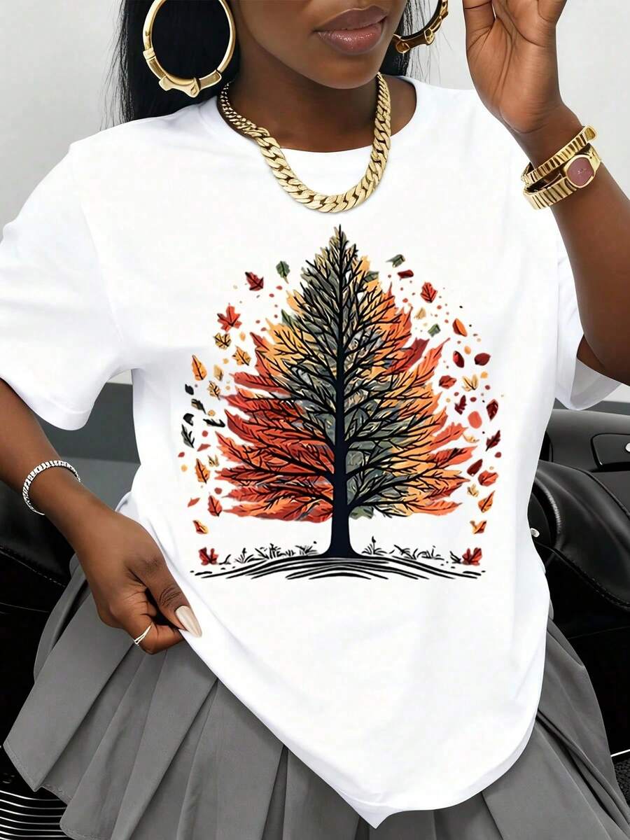Camiseta Blanca con Diseño de Árbol de Otoño para Mujer, Camiseta Gráfica de Moda, Estampado de Temporada de Otoño, Corte Holgado, Estilo Casual, Patrón de Hojas de Otoño, Estilo Streetwear, - Blanco - Ver 1