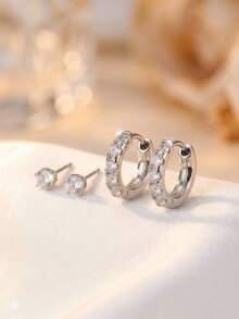 1 Set Fashionable Elegant Sparkling CZ Earring Stacking Set, Hoop Studs And Pave Huggie Earrings, Versatile Jewelry For Daily And Party Wear - White - View 4