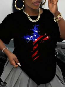Women's Black T-Shirt With American Flag And Cross Design, Patriotic Fashion, Casual Top, Independence Day Celebration, Streetwear Graphic Tee - 黑色 - 查看 1